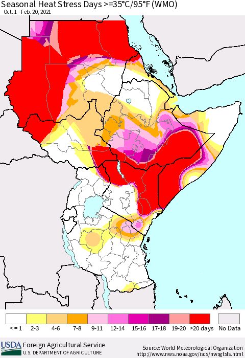 Eastern Africa Seasonal Heat Stress Days >=35°C/95°F (WMO) Thematic Map For 10/1/2020 - 2/20/2021