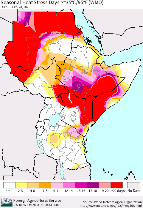 Eastern Africa Seasonal Heat Stress Days >=35°C/95°F (WMO) Thematic Map For 10/1/2020 - 2/28/2021