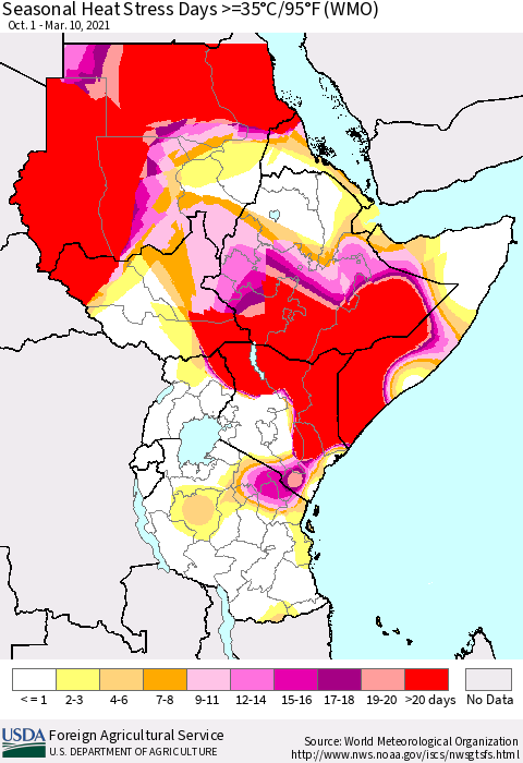 Eastern Africa Seasonal Heat Stress Days >=35°C/95°F (WMO) Thematic Map For 10/1/2020 - 3/10/2021