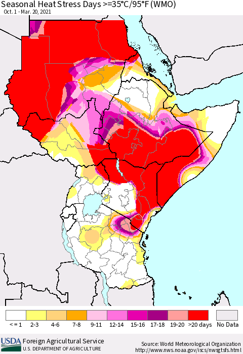 Eastern Africa Seasonal Heat Stress Days >=35°C/95°F (WMO) Thematic Map For 10/1/2020 - 3/20/2021