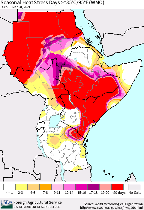 Eastern Africa Seasonal Heat Stress Days >=35°C/95°F (WMO) Thematic Map For 10/1/2020 - 3/31/2021