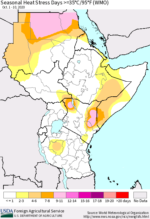 Eastern Africa Seasonal Heat Stress Days >=35°C/95°F (WMO) Thematic Map For 10/1/2020 - 10/10/2020