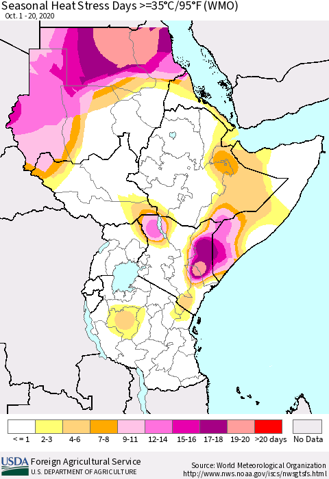 Eastern Africa Seasonal Heat Stress Days >=35°C/95°F (WMO) Thematic Map For 10/1/2020 - 10/20/2020