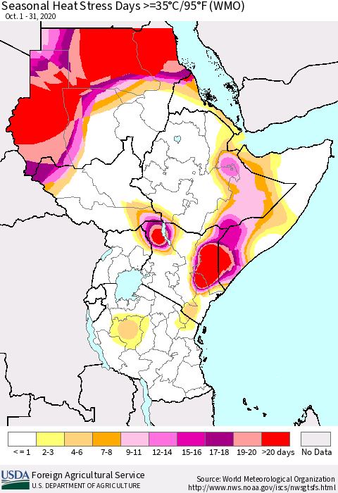 Eastern Africa Seasonal Heat Stress Days >=35°C/95°F (WMO) Thematic Map For 10/1/2020 - 10/31/2020