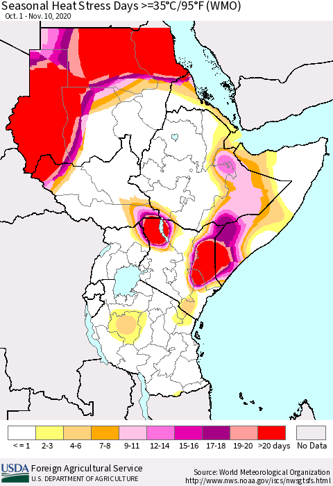 Eastern Africa Seasonal Heat Stress Days >=35°C/95°F (WMO) Thematic Map For 10/1/2020 - 11/10/2020