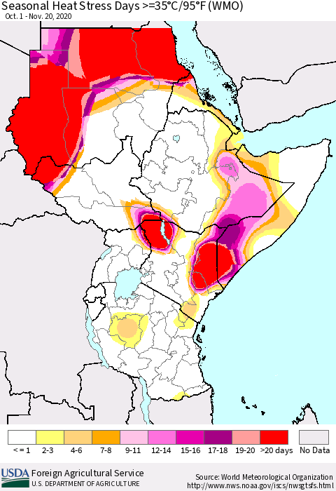 Eastern Africa Seasonal Heat Stress Days >=35°C/95°F (WMO) Thematic Map For 10/1/2020 - 11/20/2020