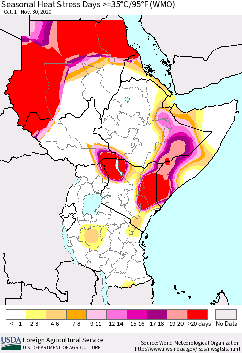 Eastern Africa Seasonal Heat Stress Days >=35°C/95°F (WMO) Thematic Map For 10/1/2020 - 11/30/2020