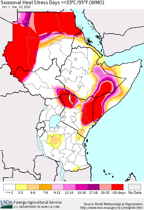 Eastern Africa Seasonal Heat Stress Days >=35°C/95°F (WMO) Thematic Map For 10/1/2020 - 12/10/2020