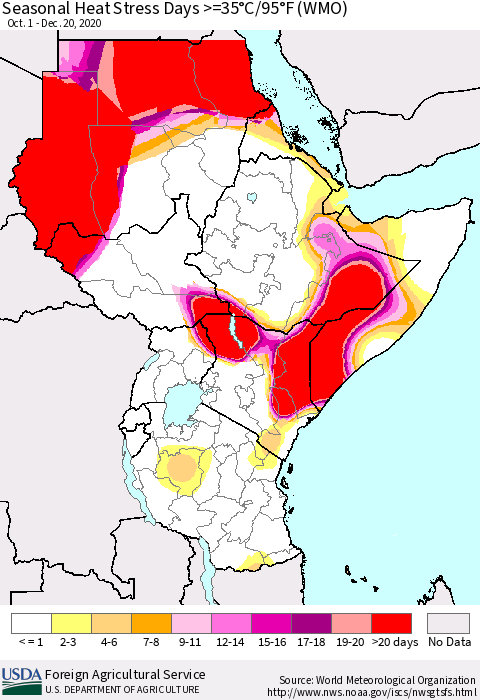 Eastern Africa Seasonal Heat Stress Days >=35°C/95°F (WMO) Thematic Map For 10/1/2020 - 12/20/2020