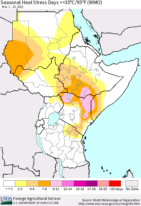 Eastern Africa Seasonal Heat Stress Days >=35°C/95°F (WMO) Thematic Map For 3/1/2021 - 3/10/2021