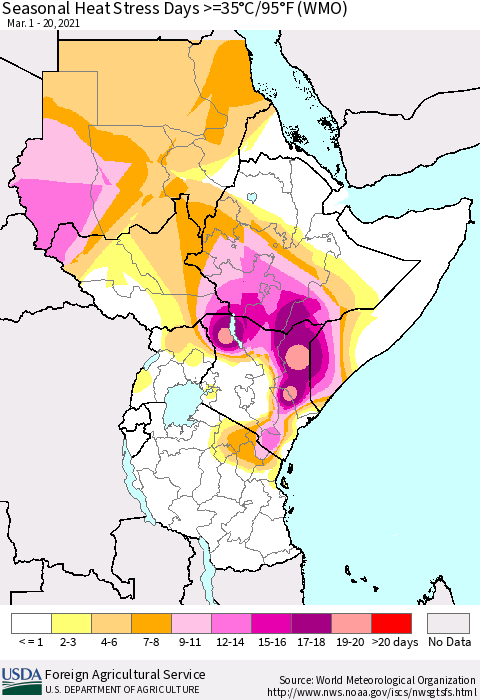 Eastern Africa Seasonal Heat Stress Days >=35°C/95°F (WMO) Thematic Map For 3/1/2021 - 3/20/2021