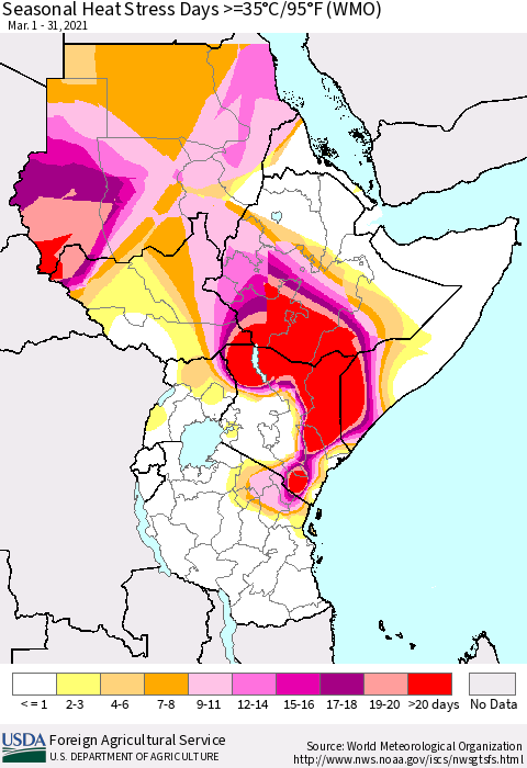Eastern Africa Seasonal Heat Stress Days >=35°C/95°F (WMO) Thematic Map For 3/1/2021 - 3/31/2021
