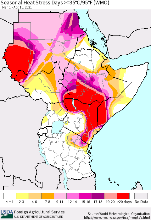Eastern Africa Seasonal Heat Stress Days >=35°C/95°F (WMO) Thematic Map For 3/1/2021 - 4/10/2021