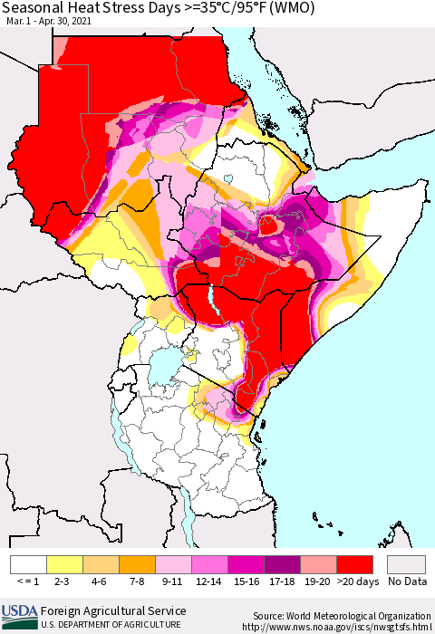 Eastern Africa Seasonal Heat Stress Days >=35°C/95°F (WMO) Thematic Map For 3/1/2021 - 4/30/2021