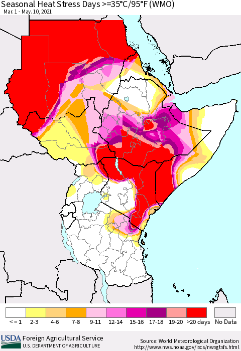 Eastern Africa Seasonal Heat Stress Days >=35°C/95°F (WMO) Thematic Map For 3/1/2021 - 5/10/2021