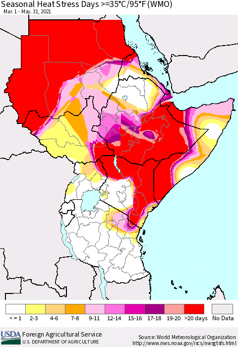 Eastern Africa Seasonal Heat Stress Days >=35°C/95°F (WMO) Thematic Map For 3/1/2021 - 5/31/2021