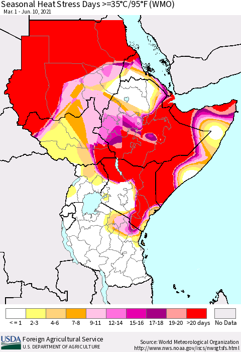 Eastern Africa Seasonal Heat Stress Days >=35°C/95°F (WMO) Thematic Map For 3/1/2021 - 6/10/2021