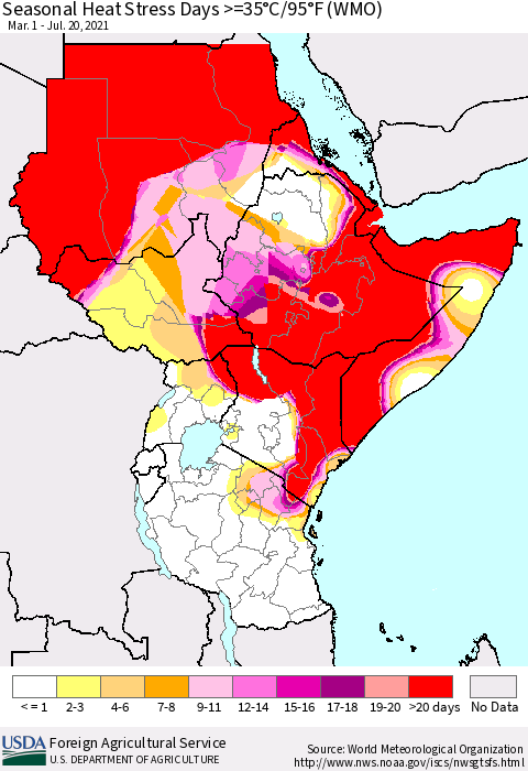 Eastern Africa Seasonal Heat Stress Days >=35°C/95°F (WMO) Thematic Map For 3/1/2021 - 7/20/2021