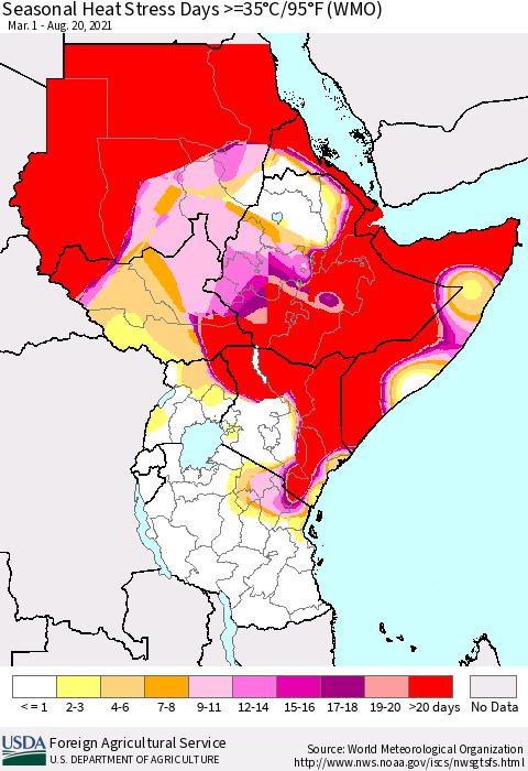 Eastern Africa Seasonal Heat Stress Days >=35°C/95°F (WMO) Thematic Map For 3/1/2021 - 8/20/2021