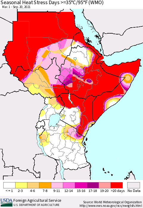 Eastern Africa Seasonal Heat Stress Days >=35°C/95°F (WMO) Thematic Map For 3/1/2021 - 9/20/2021