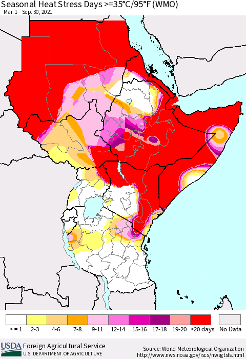 Eastern Africa Seasonal Heat Stress Days >=35°C/95°F (WMO) Thematic Map For 3/1/2021 - 9/30/2021