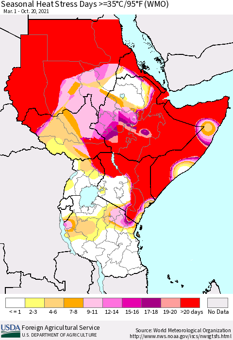 Eastern Africa Seasonal Heat Stress Days >=35°C/95°F (WMO) Thematic Map For 3/1/2021 - 10/20/2021