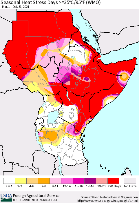 Eastern Africa Seasonal Heat Stress Days >=35°C/95°F (WMO) Thematic Map For 3/1/2021 - 10/31/2021