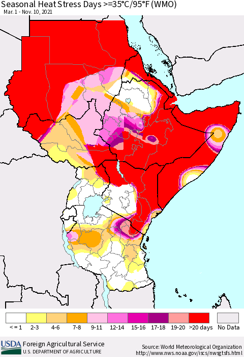 Eastern Africa Seasonal Heat Stress Days >=35°C/95°F (WMO) Thematic Map For 3/1/2021 - 11/10/2021