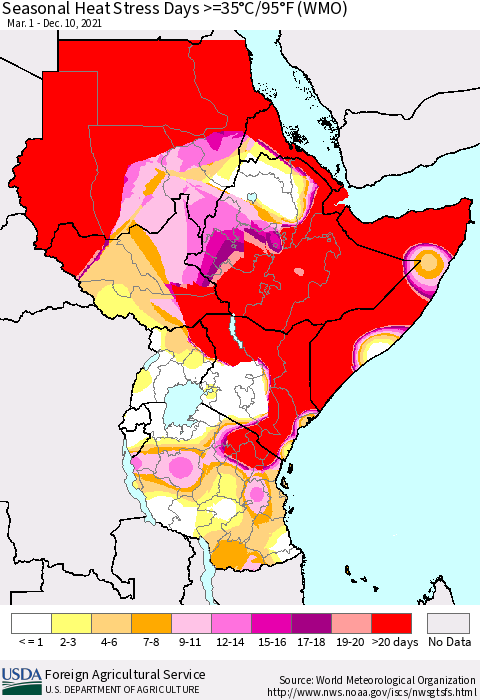 Eastern Africa Seasonal Heat Stress Days >=35°C/95°F (WMO) Thematic Map For 3/1/2021 - 12/10/2021