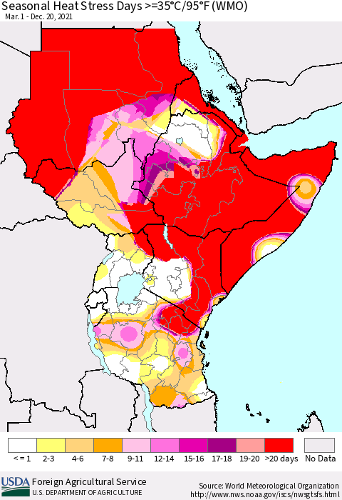 Eastern Africa Seasonal Heat Stress Days >=35°C/95°F (WMO) Thematic Map For 3/1/2021 - 12/20/2021