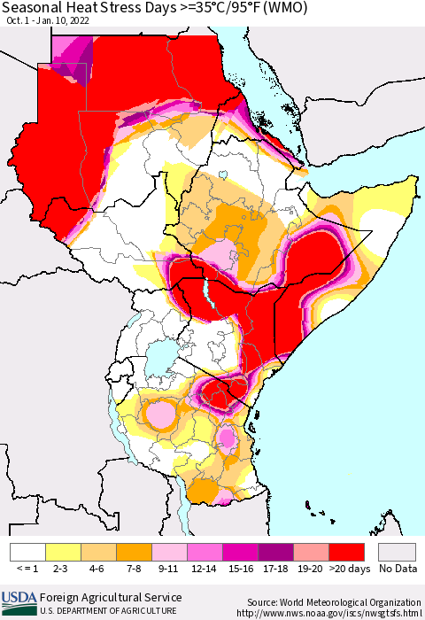 Eastern Africa Seasonal Heat Stress Days >=35°C/95°F (WMO) Thematic Map For 10/1/2021 - 1/10/2022