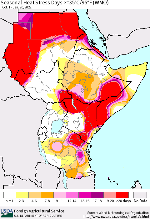 Eastern Africa Seasonal Heat Stress Days >=35°C/95°F (WMO) Thematic Map For 10/1/2021 - 1/20/2022