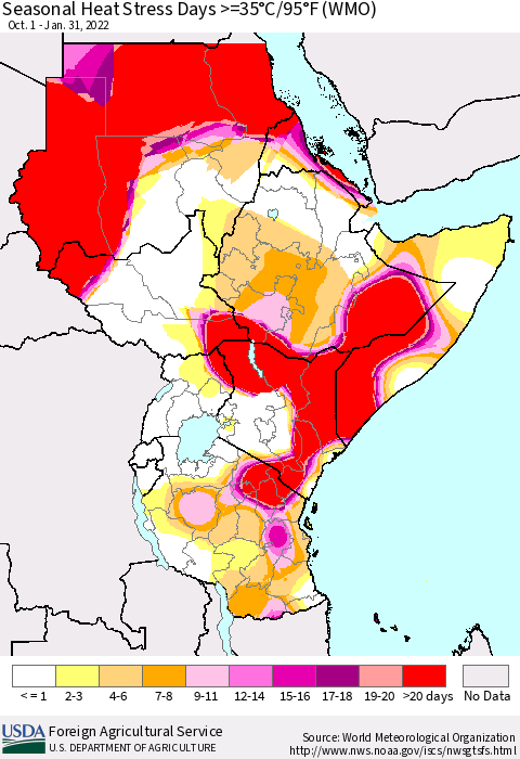 Eastern Africa Seasonal Heat Stress Days >=35°C/95°F (WMO) Thematic Map For 10/1/2021 - 1/31/2022