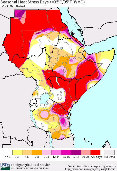 Eastern Africa Seasonal Heat Stress Days >=35°C/95°F (WMO) Thematic Map For 10/1/2021 - 3/31/2022