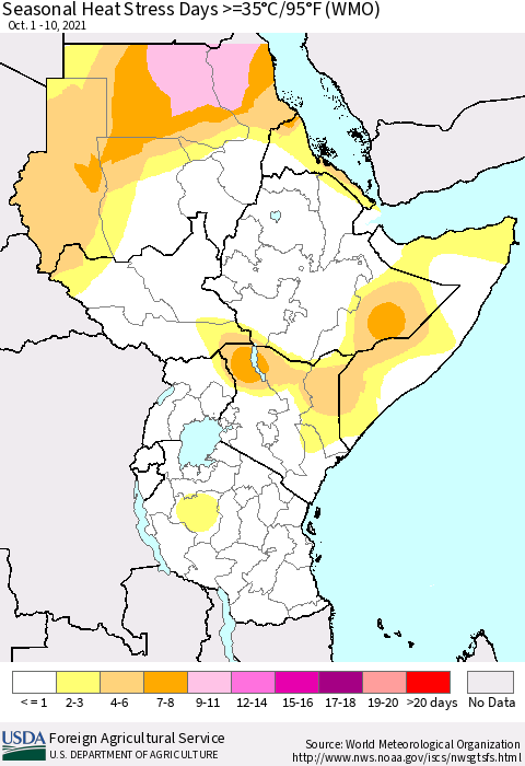 Eastern Africa Seasonal Heat Stress Days >=35°C/95°F (WMO) Thematic Map For 10/1/2021 - 10/10/2021