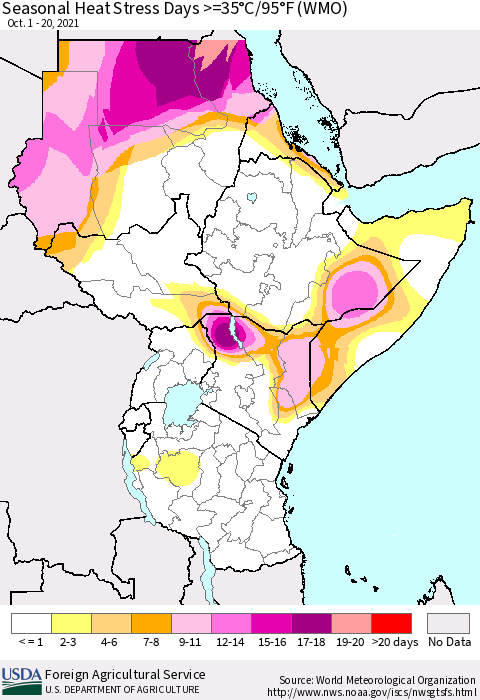 Eastern Africa Seasonal Heat Stress Days >=35°C/95°F (WMO) Thematic Map For 10/1/2021 - 10/20/2021
