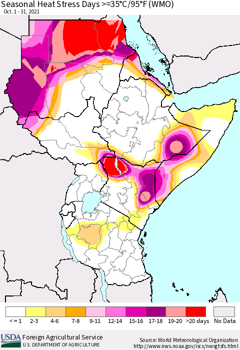 Eastern Africa Seasonal Heat Stress Days >=35°C/95°F (WMO) Thematic Map For 10/1/2021 - 10/31/2021