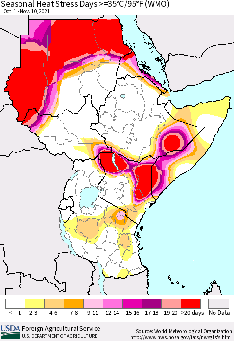Eastern Africa Seasonal Heat Stress Days >=35°C/95°F (WMO) Thematic Map For 10/1/2021 - 11/10/2021