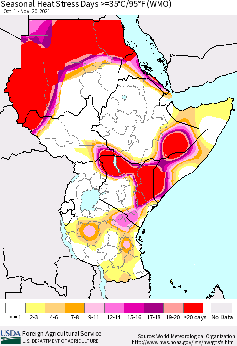 Eastern Africa Seasonal Heat Stress Days >=35°C/95°F (WMO) Thematic Map For 10/1/2021 - 11/20/2021