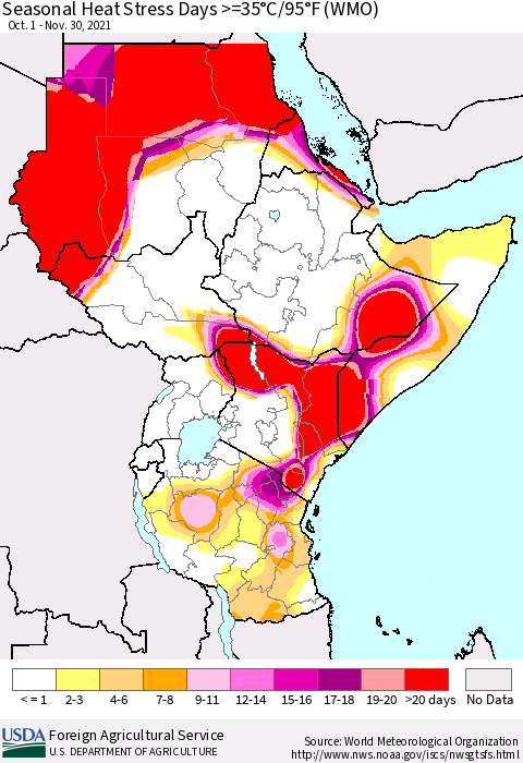 Eastern Africa Seasonal Heat Stress Days >=35°C/95°F (WMO) Thematic Map For 10/1/2021 - 11/30/2021
