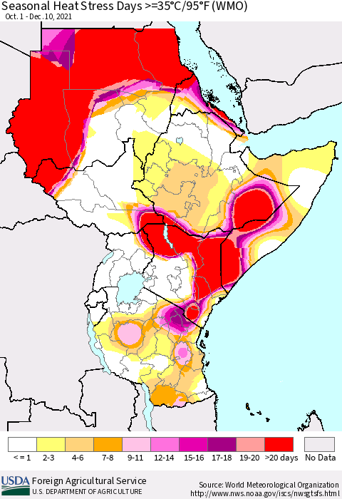 Eastern Africa Seasonal Heat Stress Days >=35°C/95°F (WMO) Thematic Map For 10/1/2021 - 12/10/2021