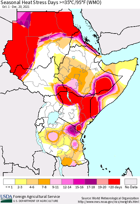 Eastern Africa Seasonal Heat Stress Days >=35°C/95°F (WMO) Thematic Map For 10/1/2021 - 12/20/2021