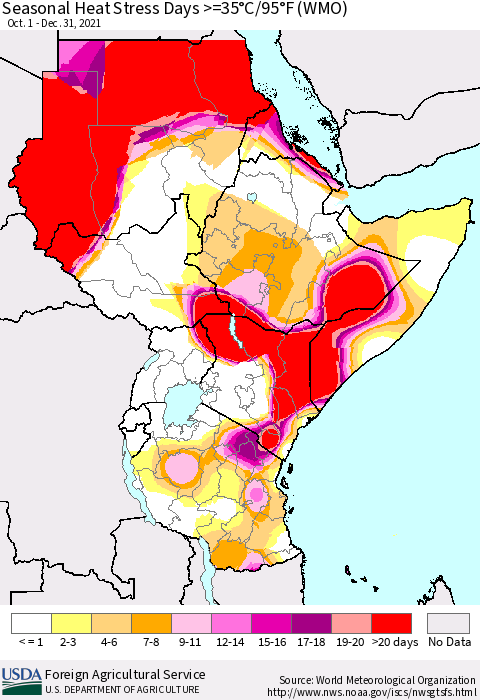 Eastern Africa Seasonal Heat Stress Days >=35°C/95°F (WMO) Thematic Map For 10/1/2021 - 12/31/2021
