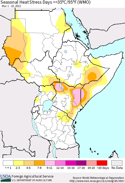 Eastern Africa Seasonal Heat Stress Days >=35°C/95°F (WMO) Thematic Map For 3/1/2022 - 3/10/2022