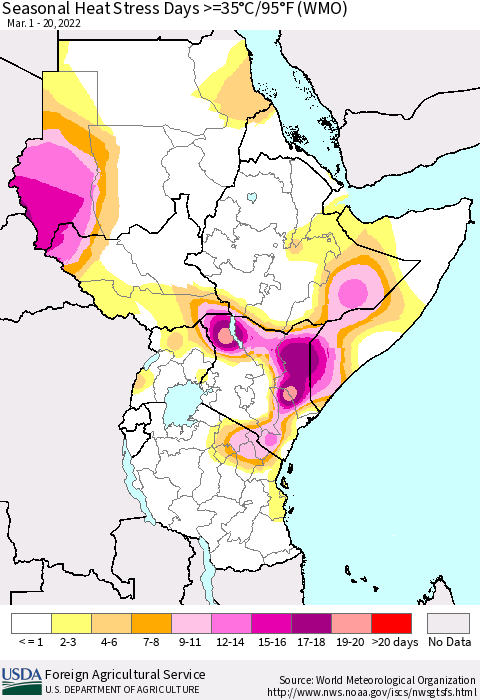 Eastern Africa Seasonal Heat Stress Days >=35°C/95°F (WMO) Thematic Map For 3/1/2022 - 3/20/2022