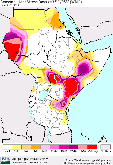 Eastern Africa Seasonal Heat Stress Days >=35°C/95°F (WMO) Thematic Map For 3/1/2022 - 3/31/2022