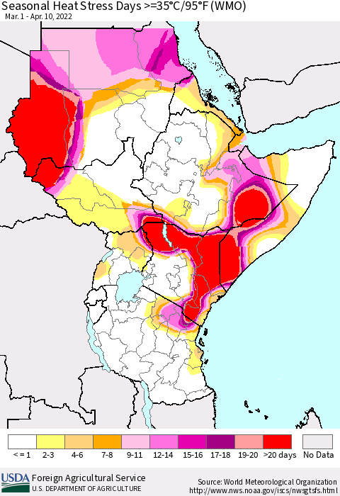 Eastern Africa Seasonal Heat Stress Days >=35°C/95°F (WMO) Thematic Map For 3/1/2022 - 4/10/2022