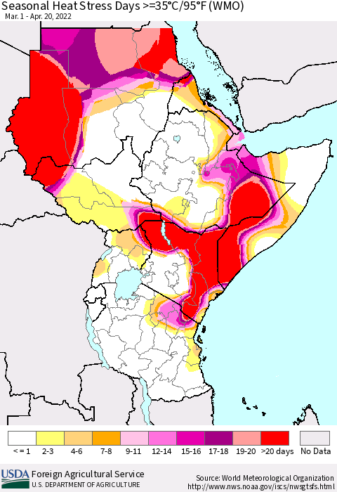 Eastern Africa Seasonal Heat Stress Days >=35°C/95°F (WMO) Thematic Map For 3/1/2022 - 4/20/2022