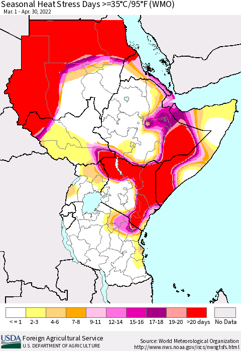 Eastern Africa Seasonal Heat Stress Days >=35°C/95°F (WMO) Thematic Map For 3/1/2022 - 4/30/2022