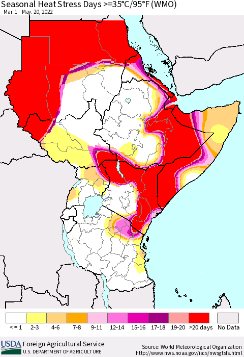 Eastern Africa Seasonal Heat Stress Days >=35°C/95°F (WMO) Thematic Map For 3/1/2022 - 5/20/2022